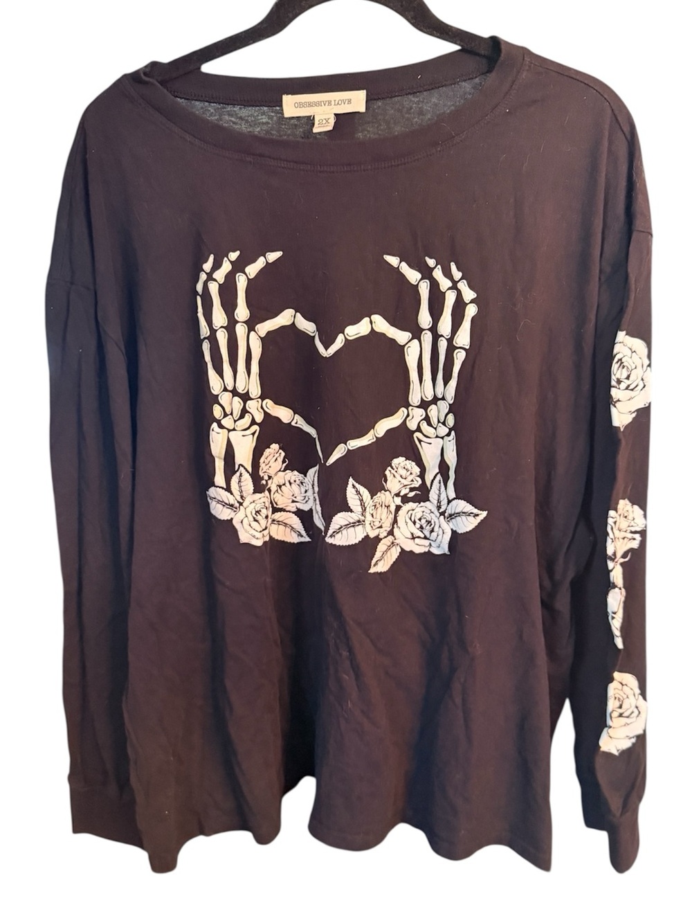 Obsessive Love Black Long Sleeve Shirt Skeleton Heart Hands, size 2X